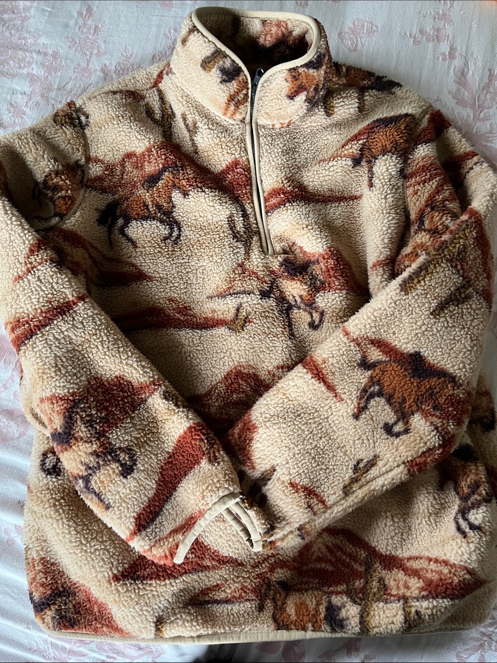 Old Navy Cream Sherpa Quarter-Zip Pullover with Brown Horse Print